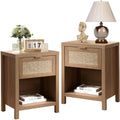 Oak Rattan Nightstand Set of 2 with Drawer and Storage Shelf Z78639