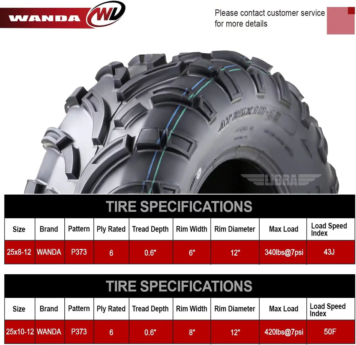 25x8-12 Front & 25x10-12 Rear 6PR ATV/UTV Tires Set 4 M16250