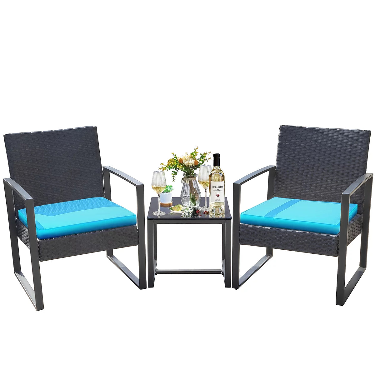 3 Pieces PE Rattan Bistro Set with Coffee Table B730