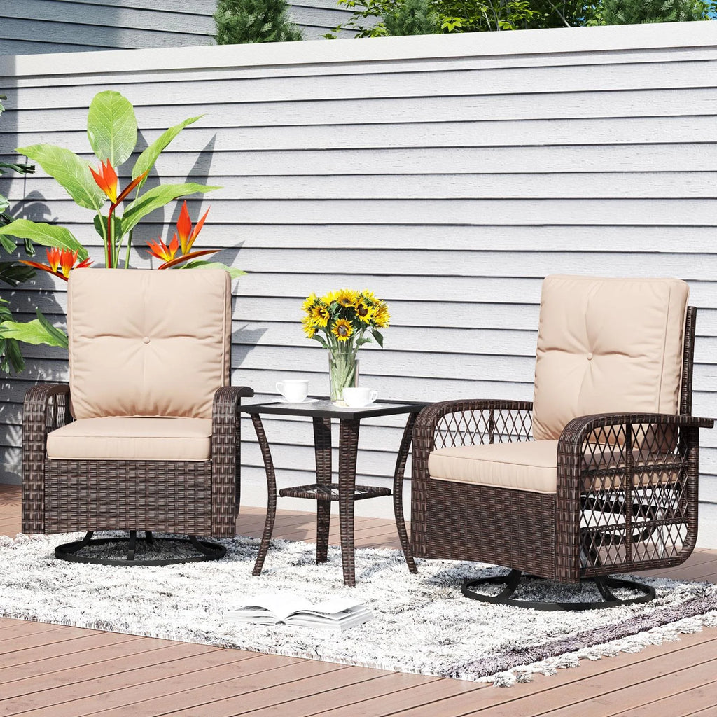 3 Piece Swivel Rocking Wicker Patio Chairs Set with Beige Cushions I80836