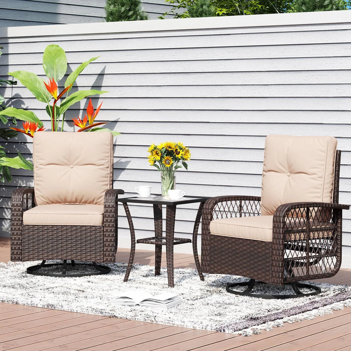 3 Piece Swivel Rocking Wicker Patio Chairs Set with Beige Cushions I80836