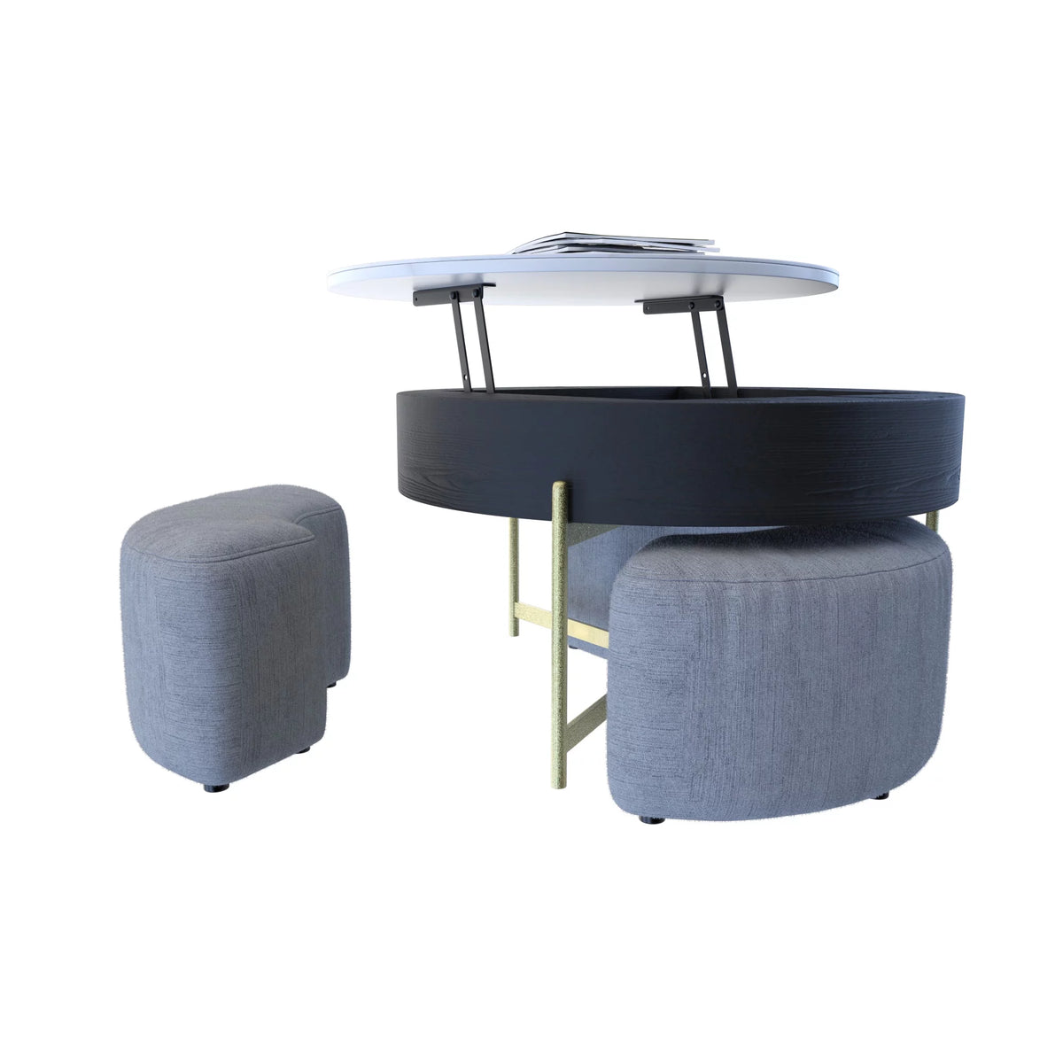 Lift-Top Coffee Table with 3 Stools White Black D4137