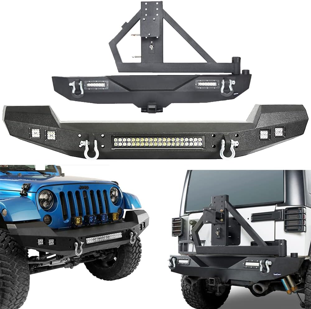 Front and Rear Bumpers with Tire Carrier & LED Light Bar & Hitch Receiver N52559
