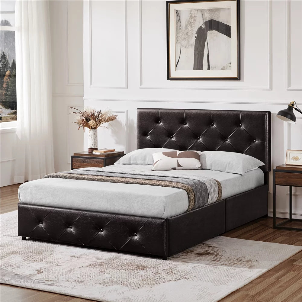 Black Queen Upholstered Platform Bed with Storage S7576