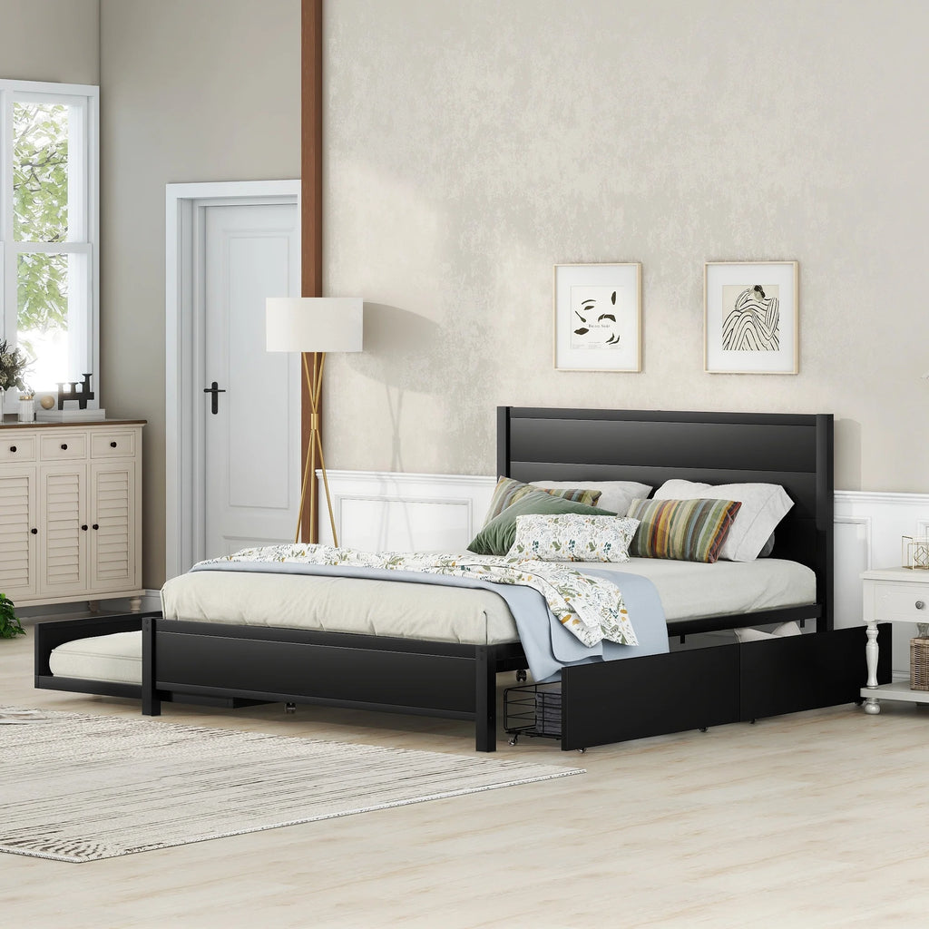 Black Metal Queen Size Storage Platform Bed with Trundle and 2 Drawers V76842