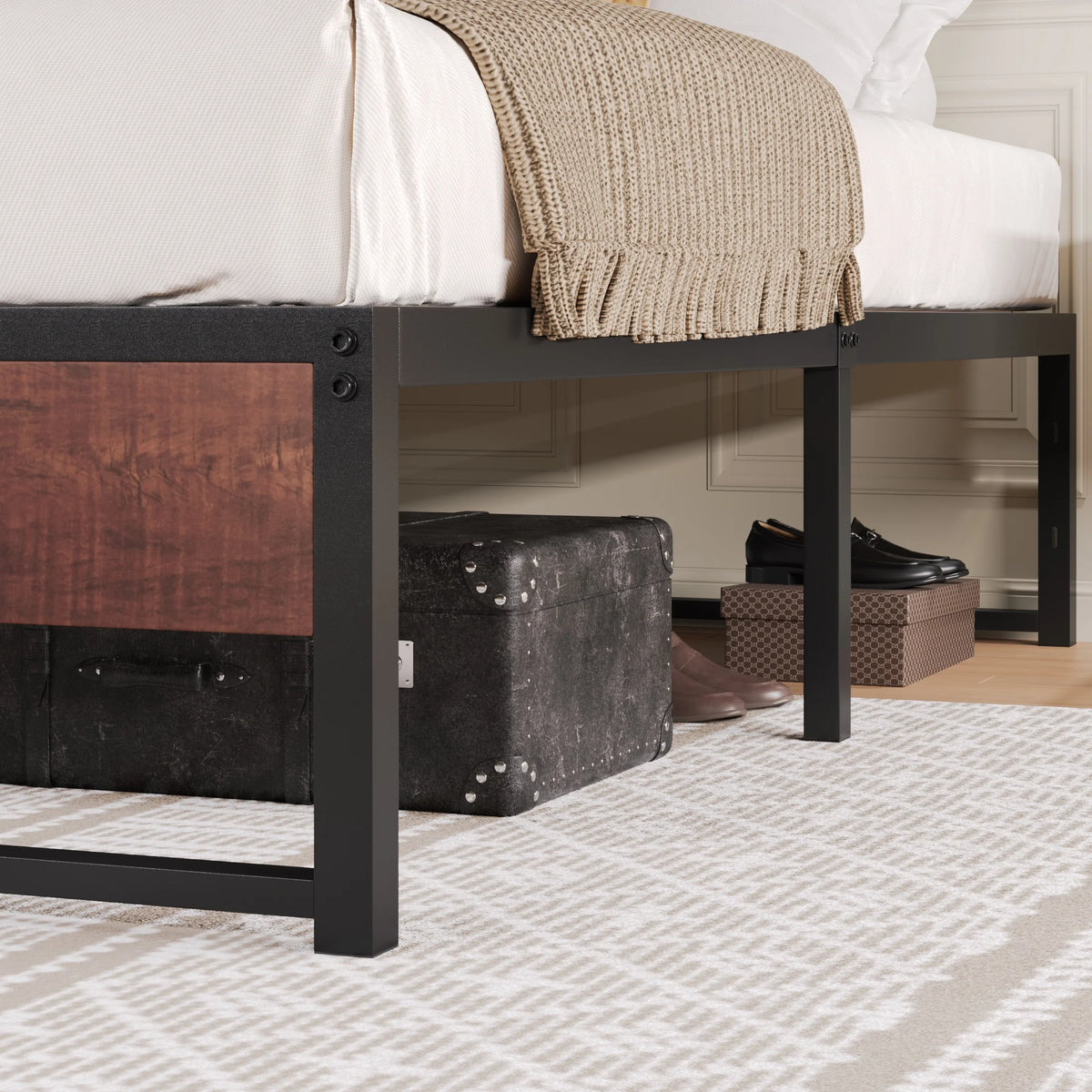 Brown King Size Metal Platform Bed Frame with Underbed Storage E2157