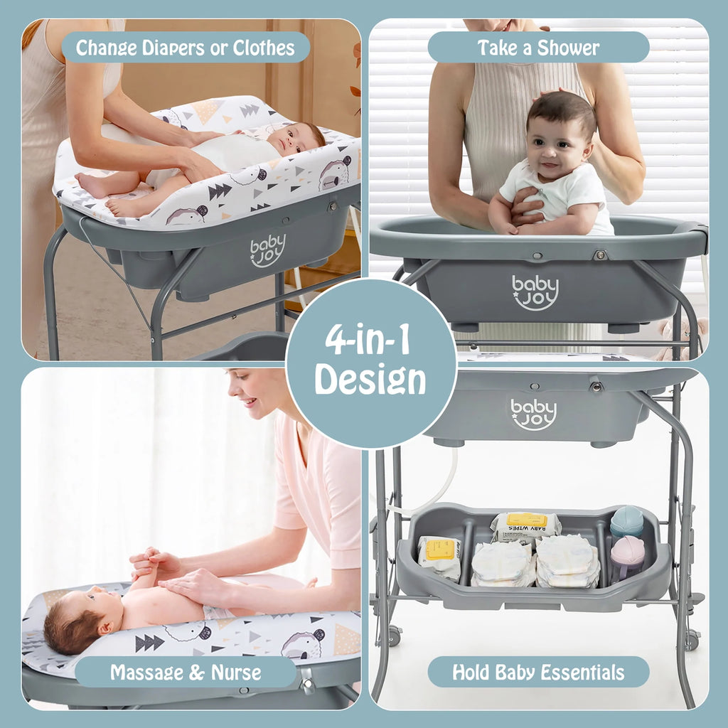 Baby Changing Table with Bathtub Portable Diaper Station with Wheels Gray M608347