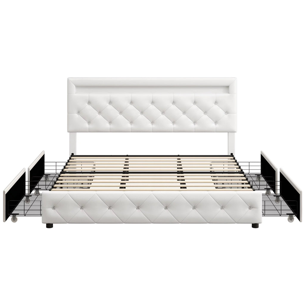King LED Bed Frame with 4 Storage Drawer White Y47902