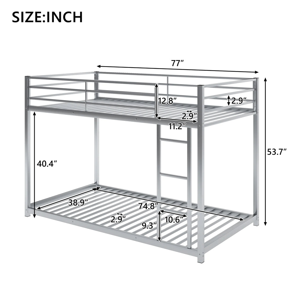 Metal Twin over Twin Low Bunk Bed with Ladder and Safety Guardrails H62058