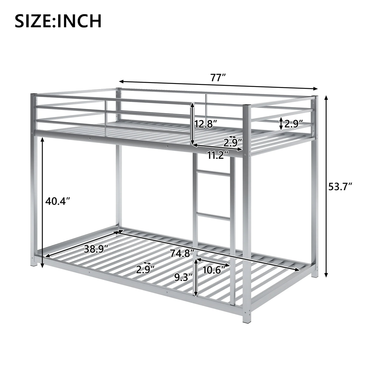 Metal Twin over Twin Low Bunk Bed with Ladder and Safety Guardrails H62058