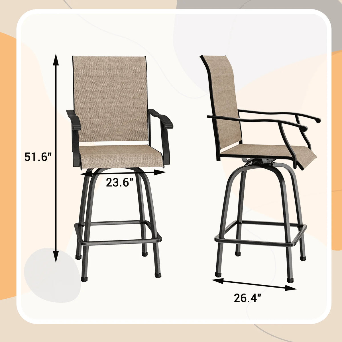 Outdoor High Bar Bistro Chair and Tempered Glass Table Set of 3, Light Brown, Steel R817
