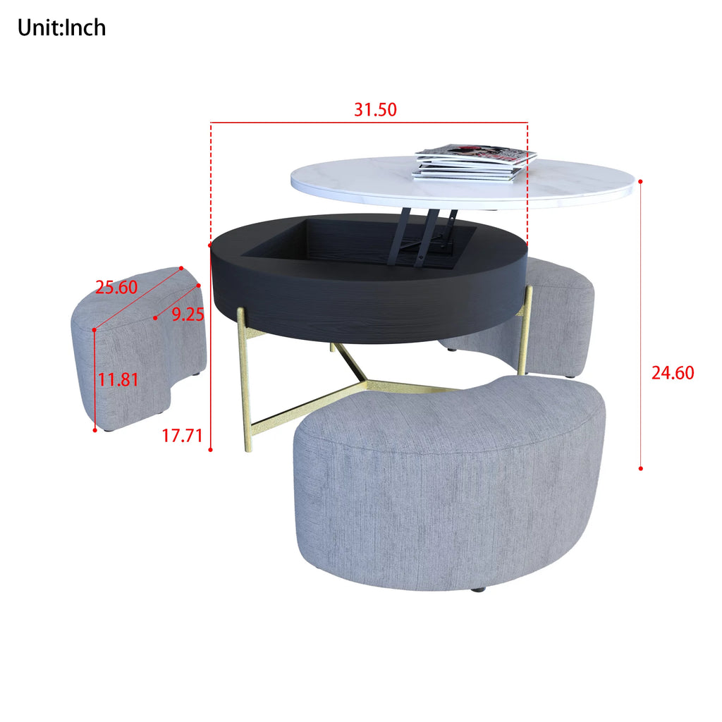 Lift-Top Coffee Table with 3 Stools White Black D4137
