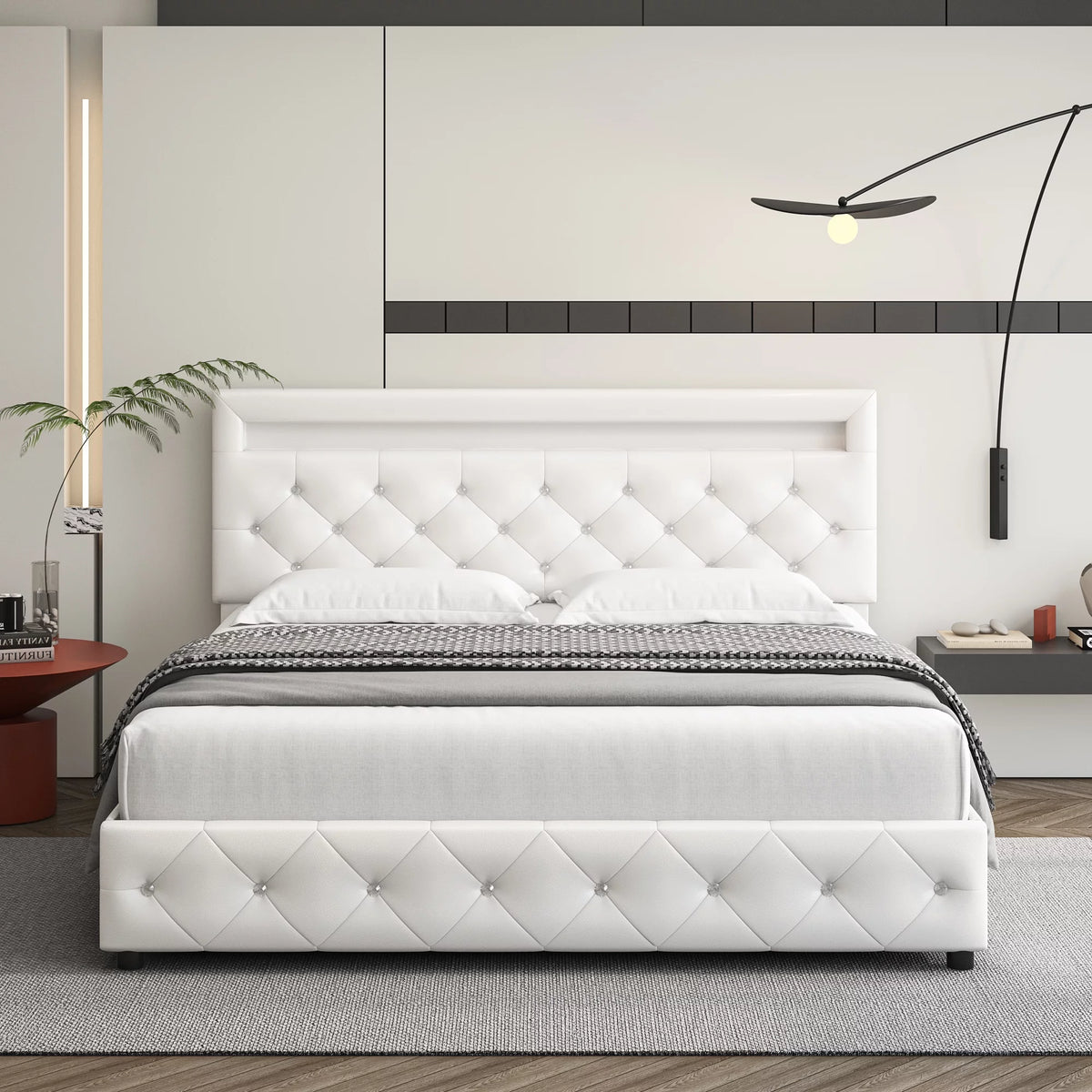 King LED Bed Frame with 4 Storage Drawer White Y47902