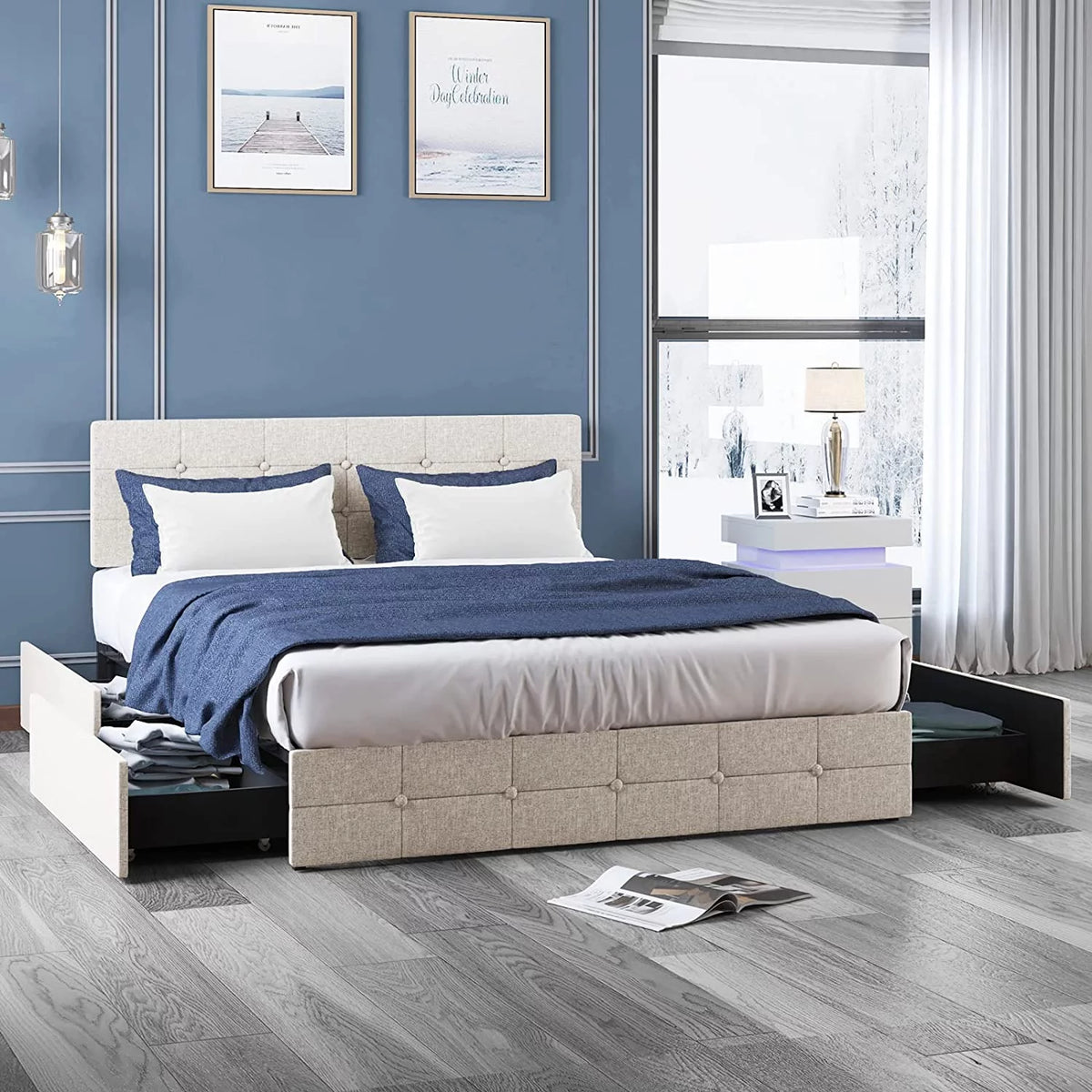 Queen Size Platform Bed Frame with 4 Storage Drawers N9055