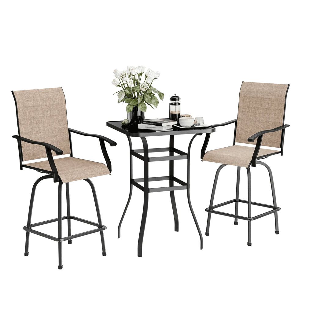 Outdoor High Bar Bistro Chair and Tempered Glass Table Set of 3, Light Brown, Steel R817