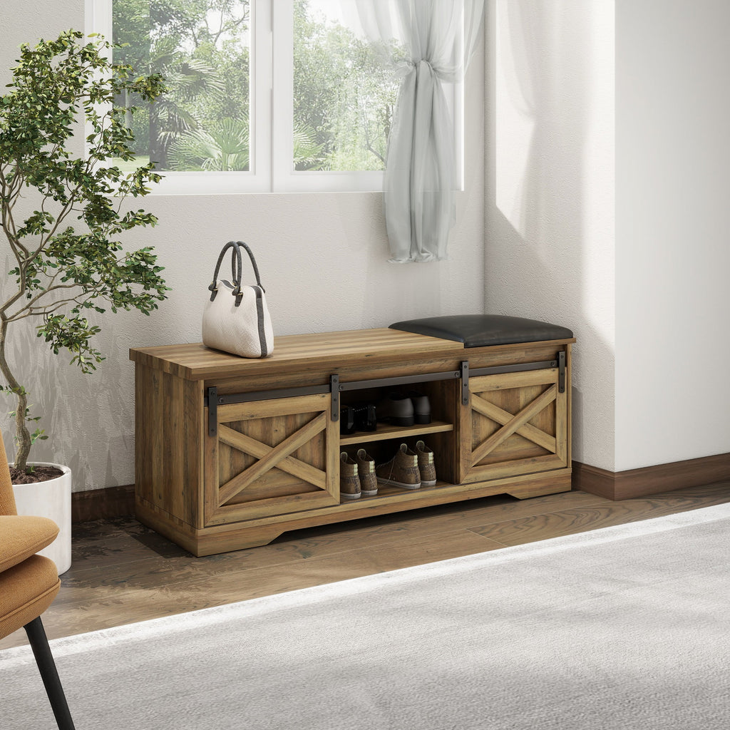 Brown Shoe Storage Bench with Cushion and Doors F7145