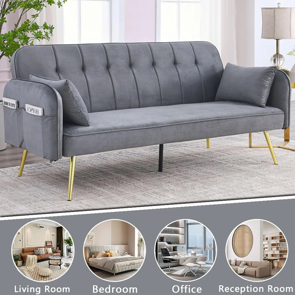 Grey Velvet Convertible Folding Sofa Bed O825