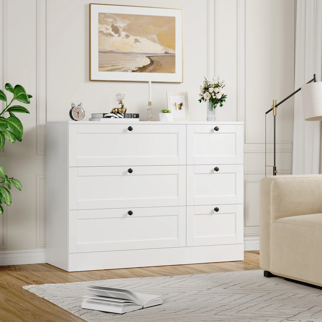 White 6 Drawer Wood Double Dresser C41937