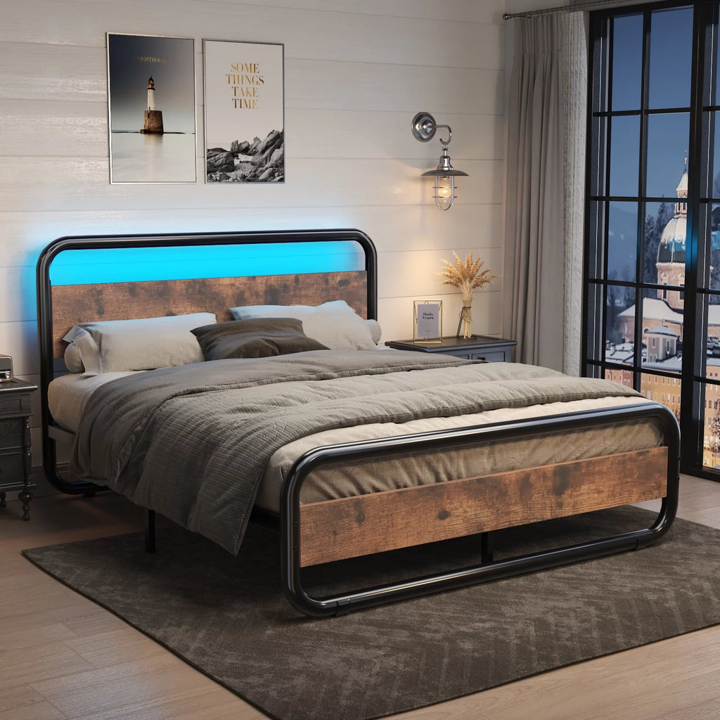 Queen Size Metal Platform Bed Frame with Wooden Headboard J84929