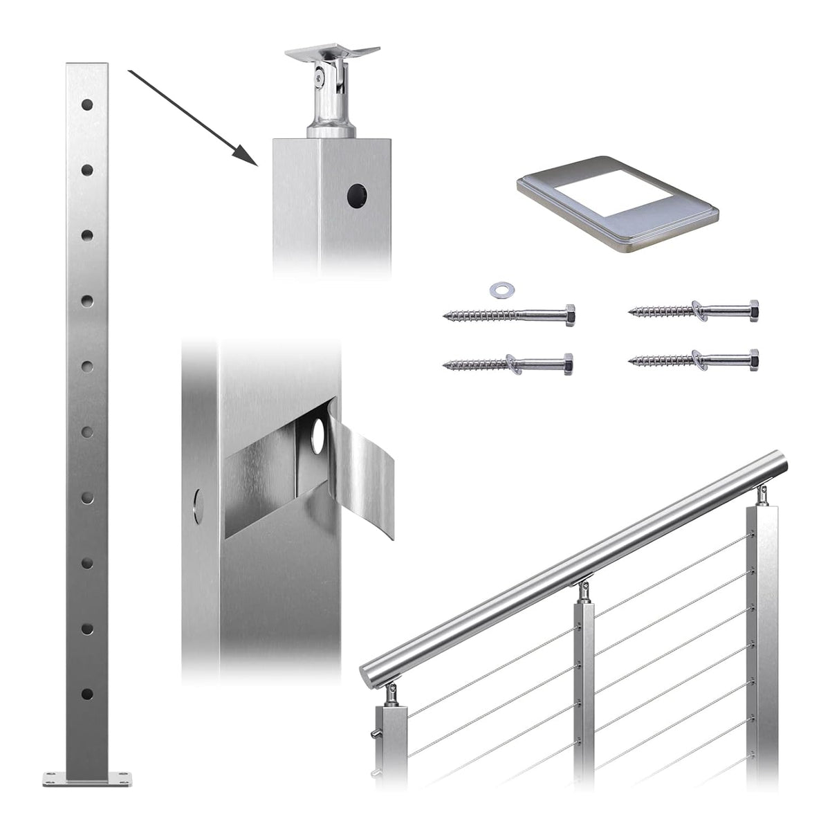 Square 36x2x2 Stainless Steel Brushed Cable Railing Post A548286