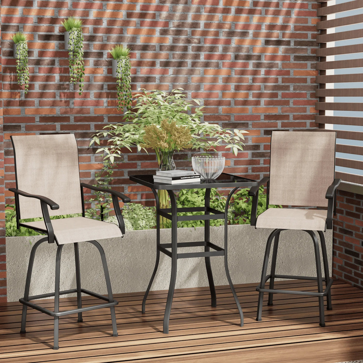 Outdoor High Bar Bistro Chair and Tempered Glass Table Set of 3, Light Brown, Steel R817