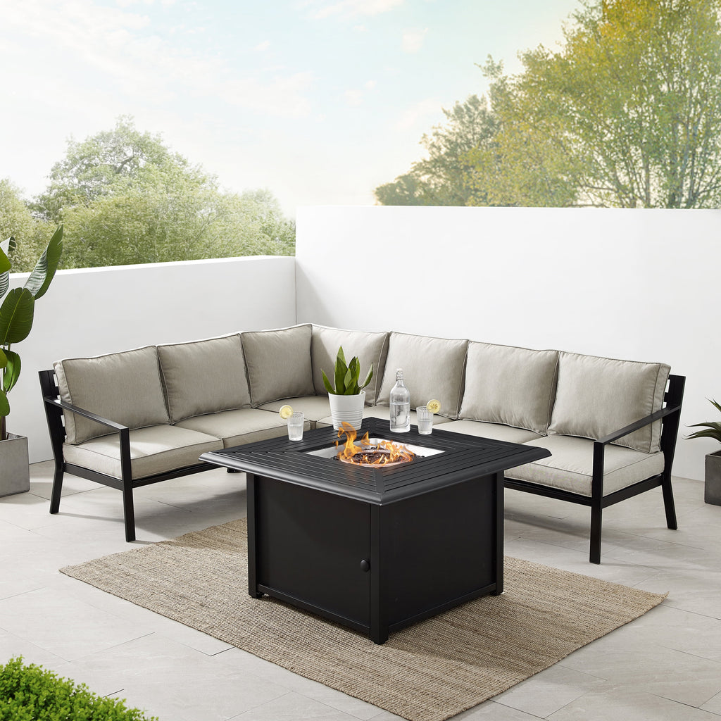 5 Pc Outdoor Metal Sectional Set with Fire Table Taupe Matte Black V55400
