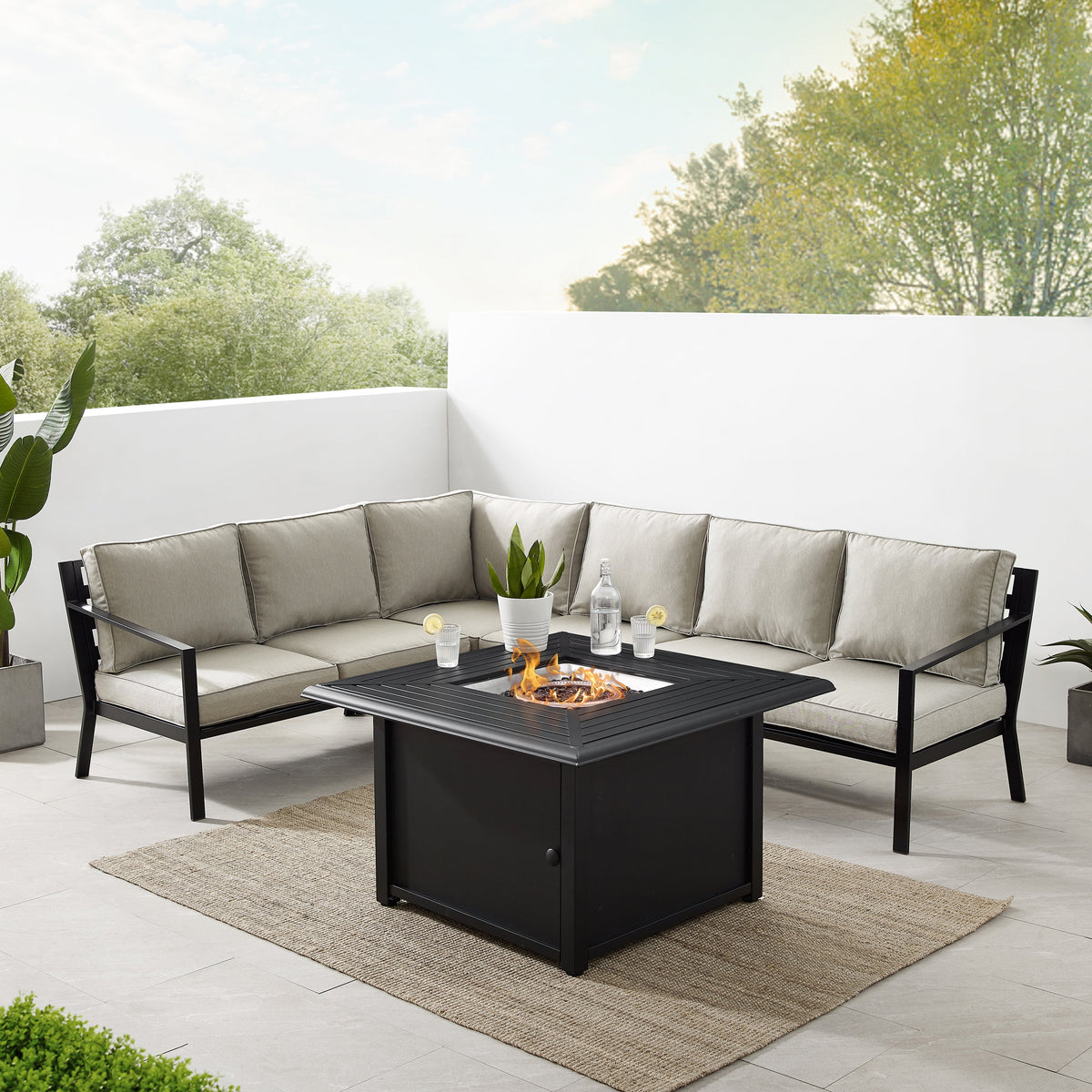 5 Pc Outdoor Metal Sectional Set with Fire Table Taupe Matte Black V55400
