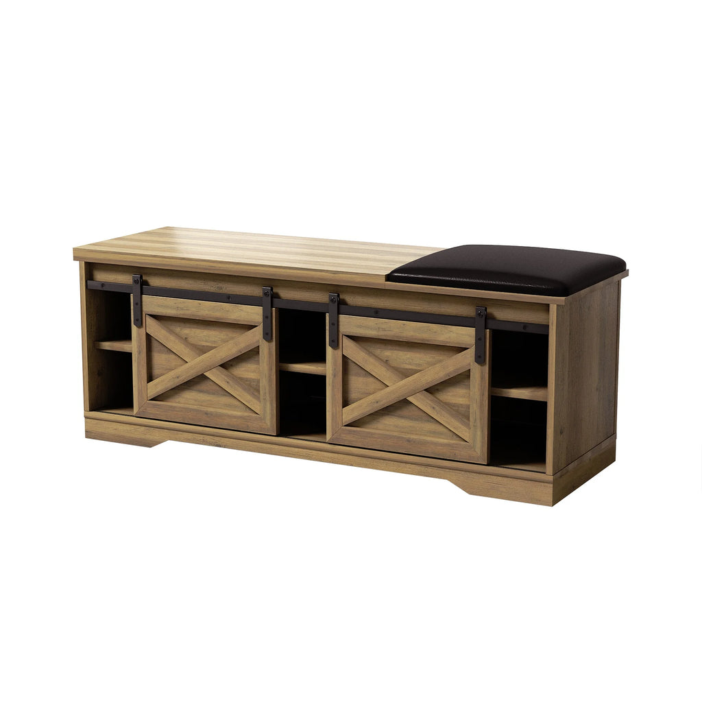 Brown Shoe Storage Bench with Cushion and Doors F7145