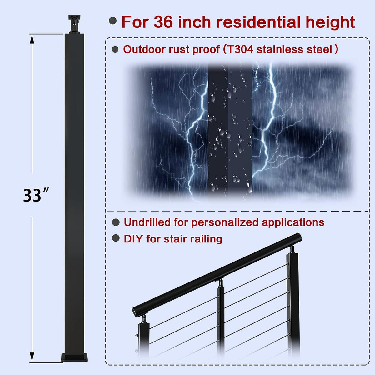 2 Pack Un-drilled Stainless Steel Cable Railing Post O695