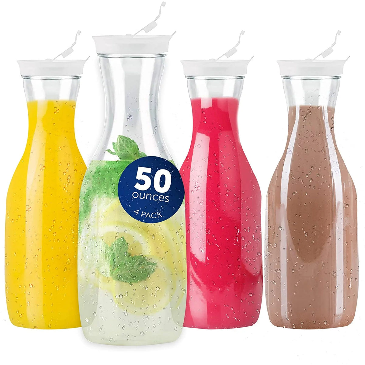 4 Large Water Carafes with Flip Top Lid, 50 oz Each, BPA Free Plastic Pitcher G68855