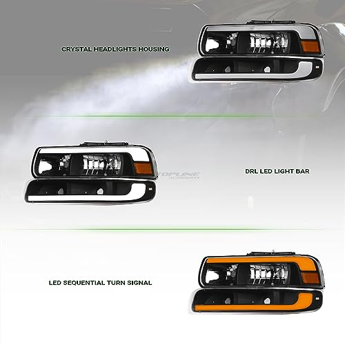 Sequential LED Strip Tube Bar Black Housing Crystal Headlights With Signal Bumper Lamps Amber Reflector 4-Pieces E46523