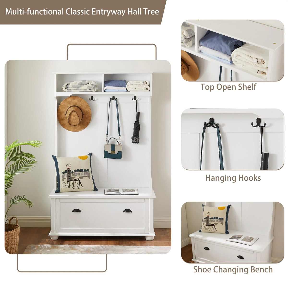 White Hall Tree Bench with Coat Rack and Shoe Cabinet K253