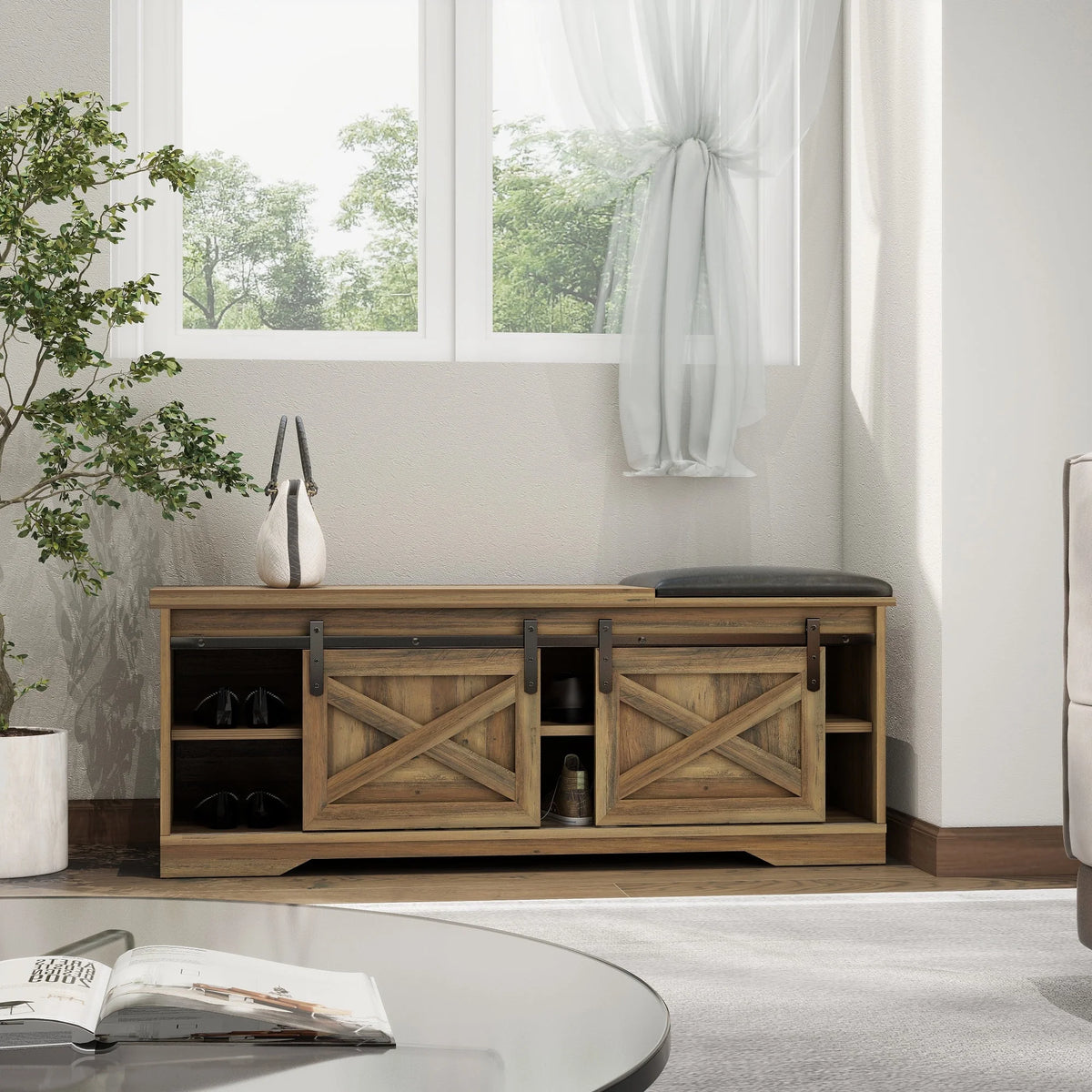 Brown Shoe Storage Bench with Cushion and Doors F7145