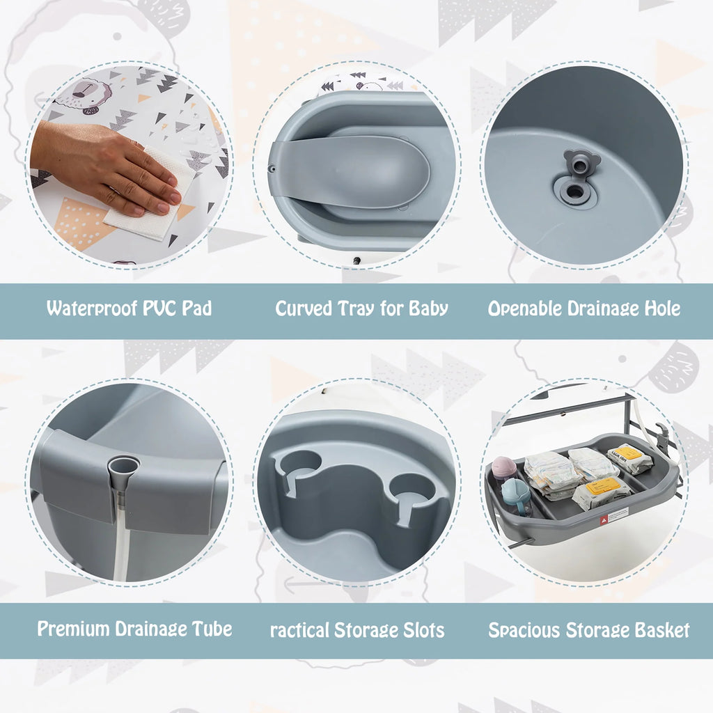 Baby Changing Table with Bathtub Portable Diaper Station with Wheels Gray M608347