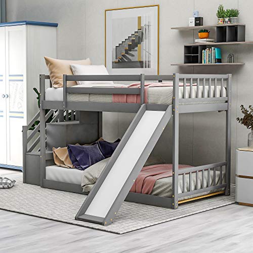 Twin Over Twin Solid Wood Bunk Bed with Slide and Storage Stairs P776411