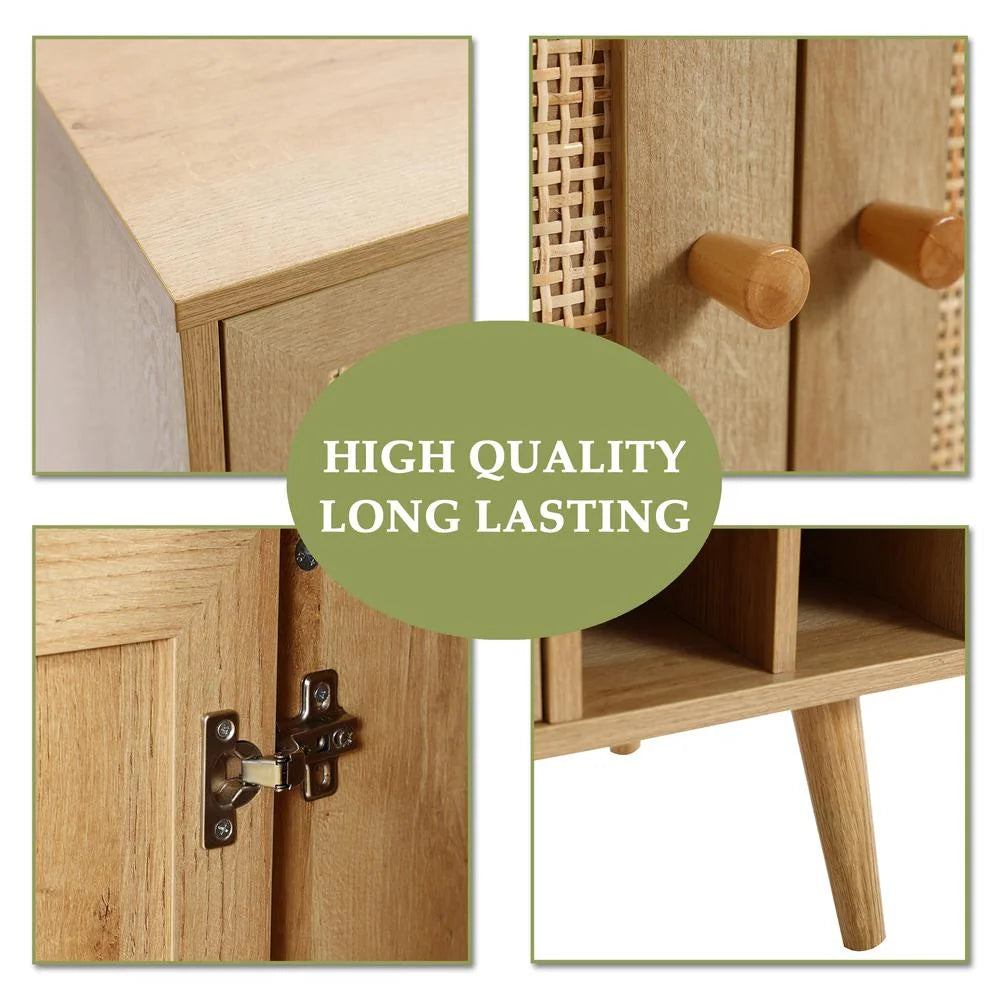 Light Oak Engineered Wood Rattan Wine and Storage Cabinet J73235