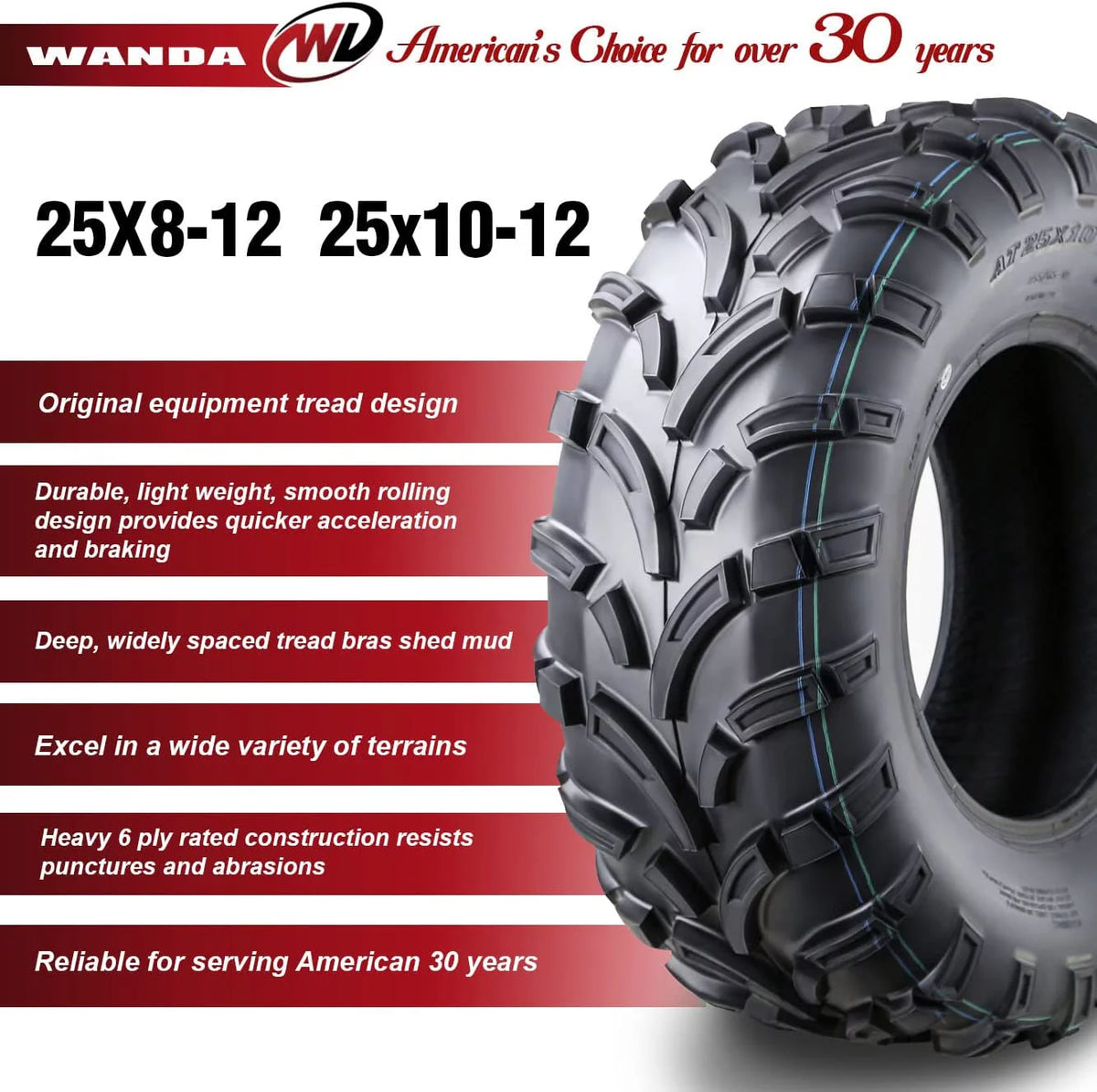 25x8-12 Front & 25x10-12 Rear 6PR ATV/UTV Tires Set 4 M16250