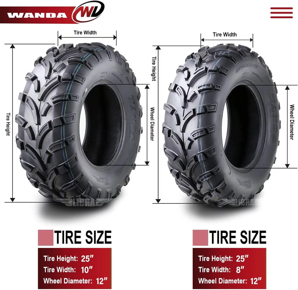25x8-12 Front & 25x10-12 Rear 6PR ATV/UTV Tires Set 4 M16250
