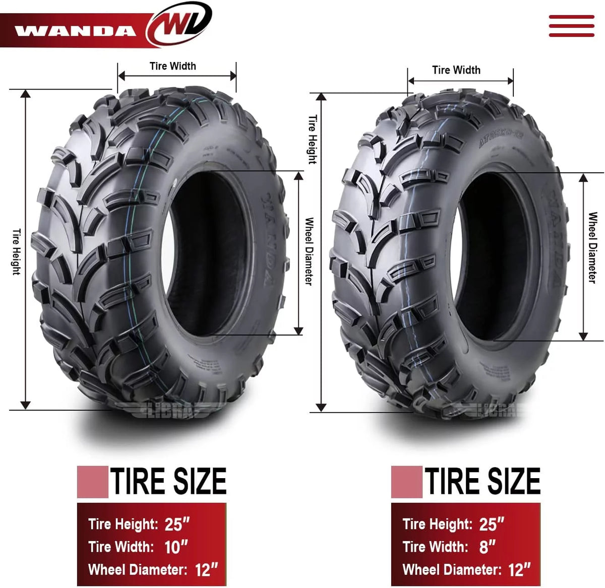 25x8-12 Front & 25x10-12 Rear 6PR ATV/UTV Tires Set 4 M16250