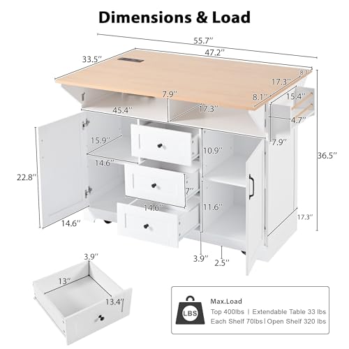 55.7'' Rolling Kitchen Island with 2 Drop Leaves and 3 Drawers U57908