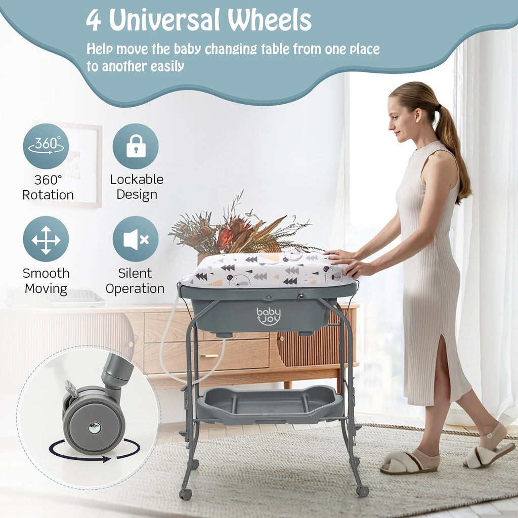 Baby Changing Table with Bathtub Portable Diaper Station with Wheels Gray M608347