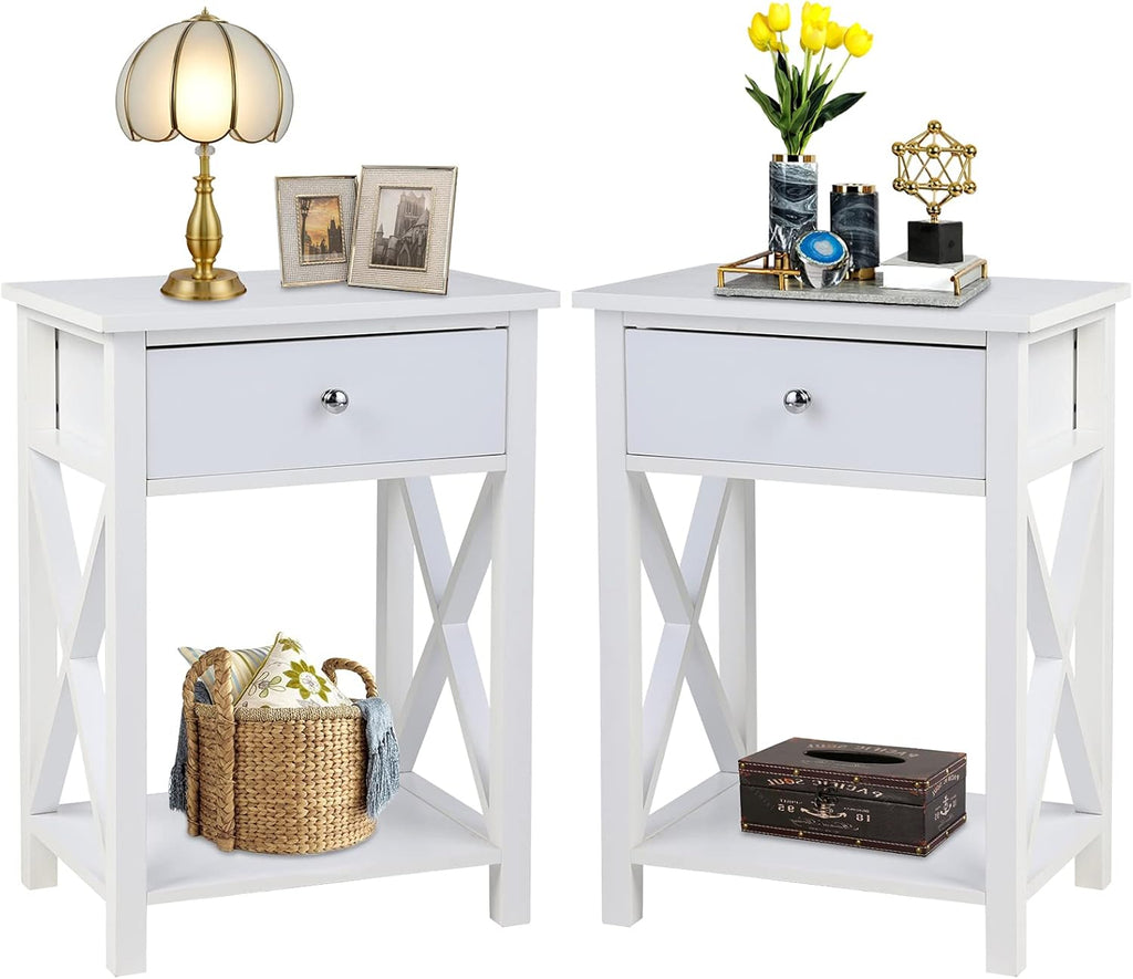 White Wooden Side End Table with Bin Drawer Set of 2 E7447