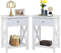 White Wooden Side End Table with Bin Drawer Set of 2 E7447