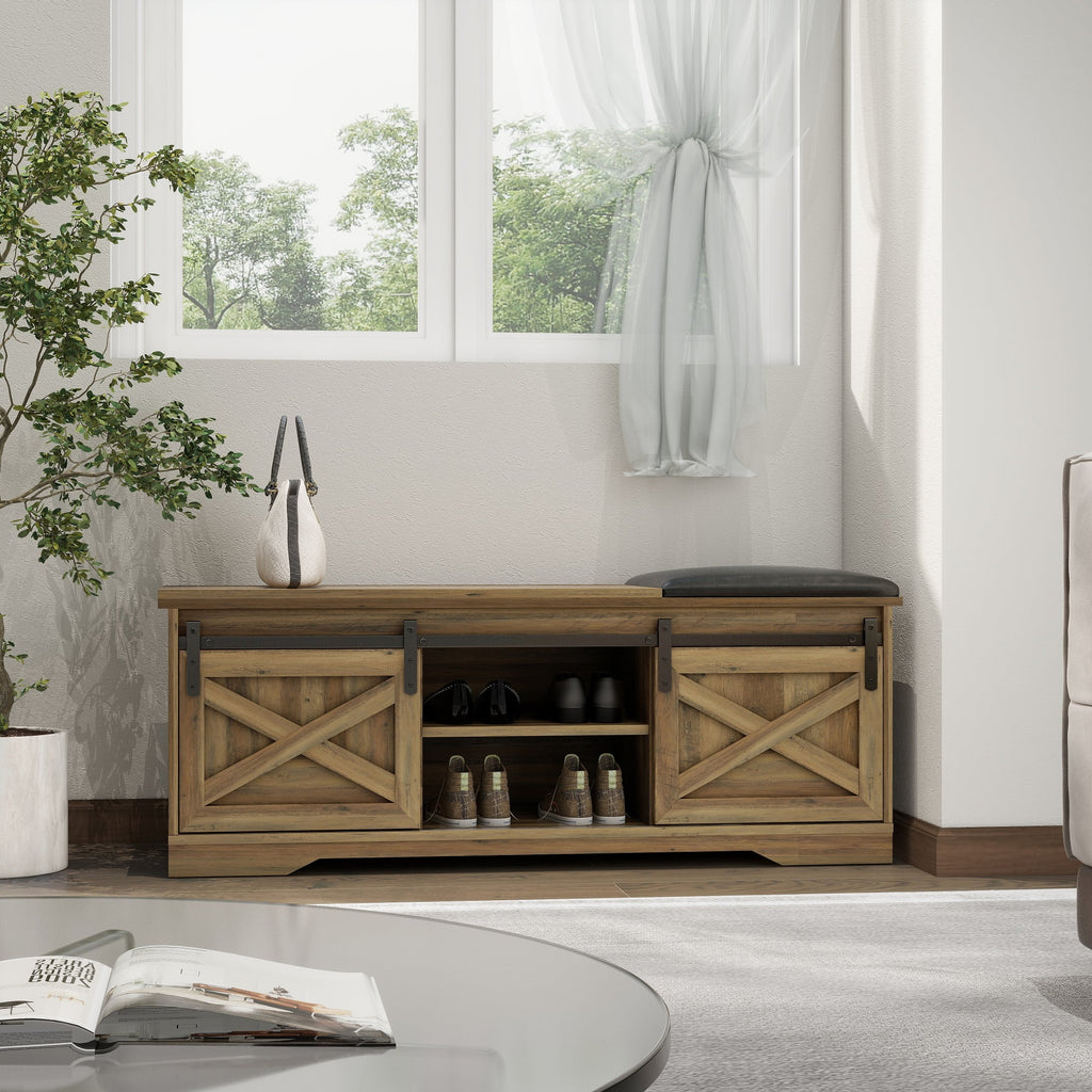 Brown Shoe Storage Bench with Cushion and Doors F7145