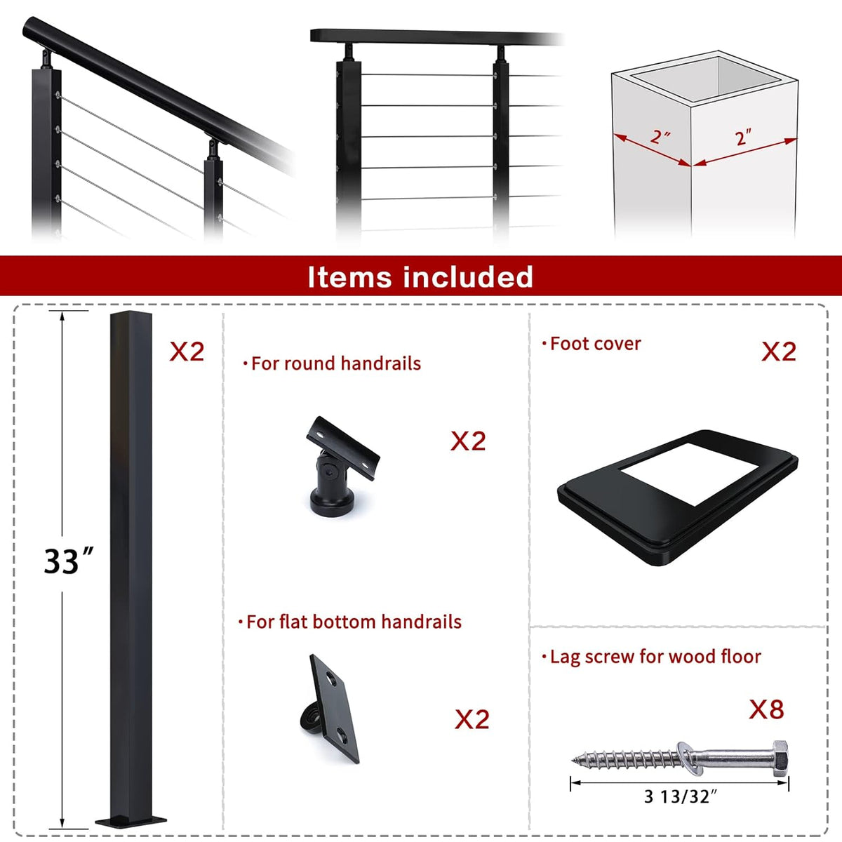 2 Pack Un-drilled Stainless Steel Cable Railing Post O695