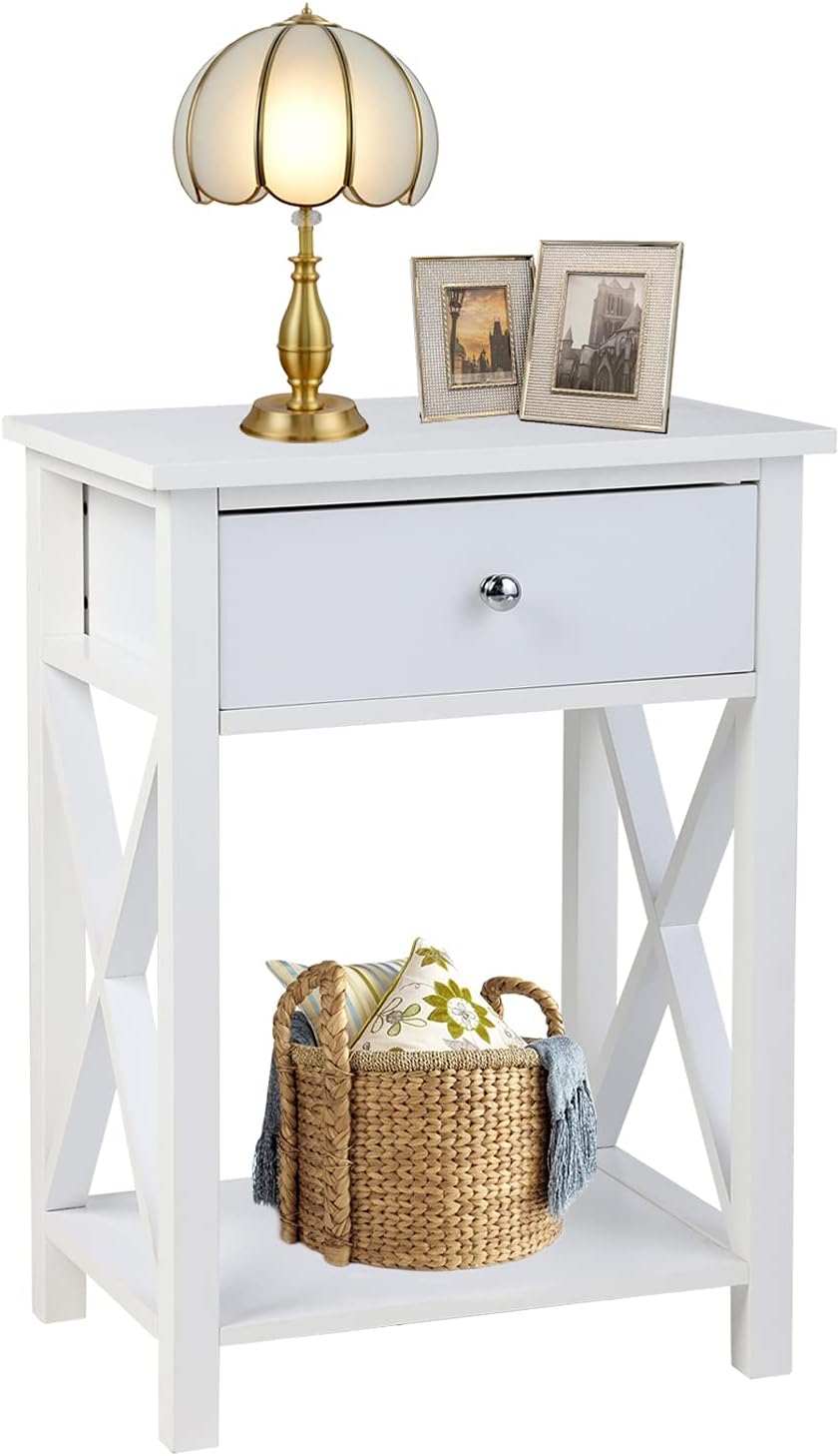 White Wooden Side End Table with Bin Drawer Set of 2 E7447
