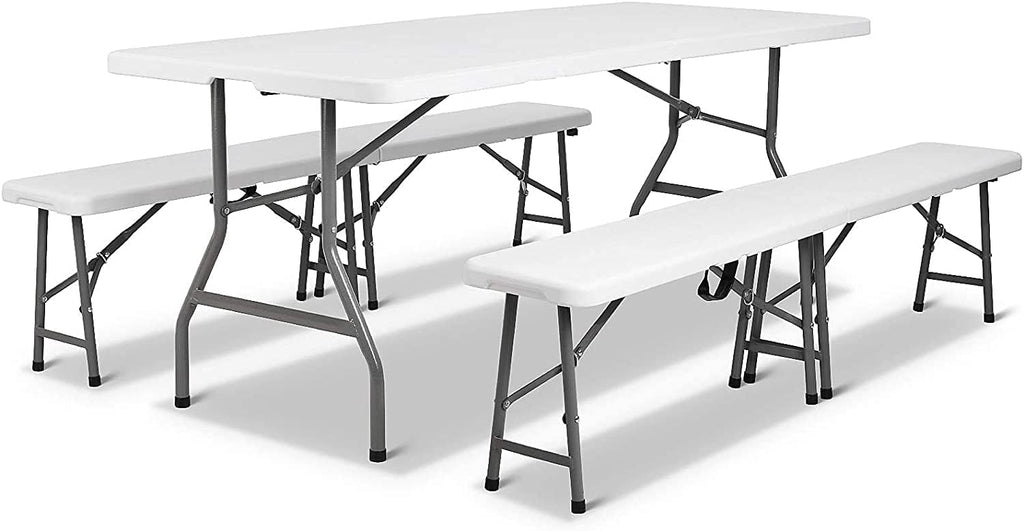 Portable Folding Table and Benches Set, 6 ft x 30 inch Rattan Look Plastic A60573