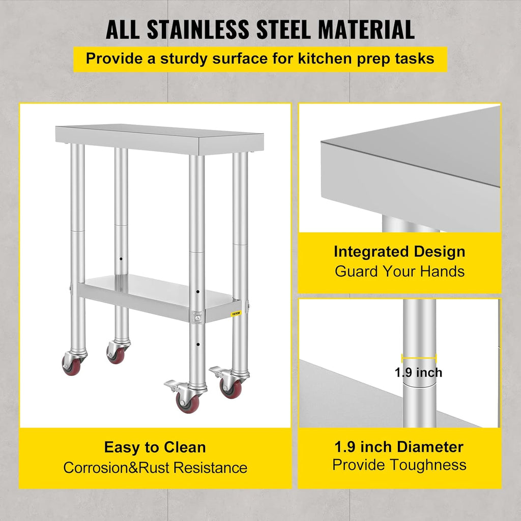 Stainless Steel Work Table with Wheels 24 x 12 x 32 Inch M221912