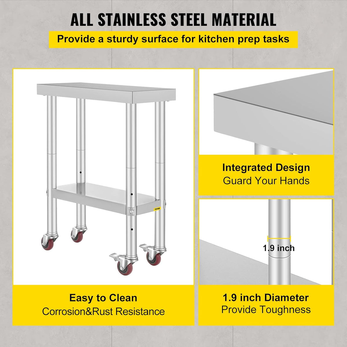 Stainless Steel Work Table with Wheels 24 x 12 x 32 Inch M221912