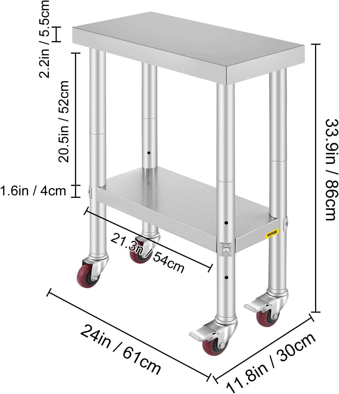 Stainless Steel Work Table with Wheels 24 x 12 x 32 Inch M221912